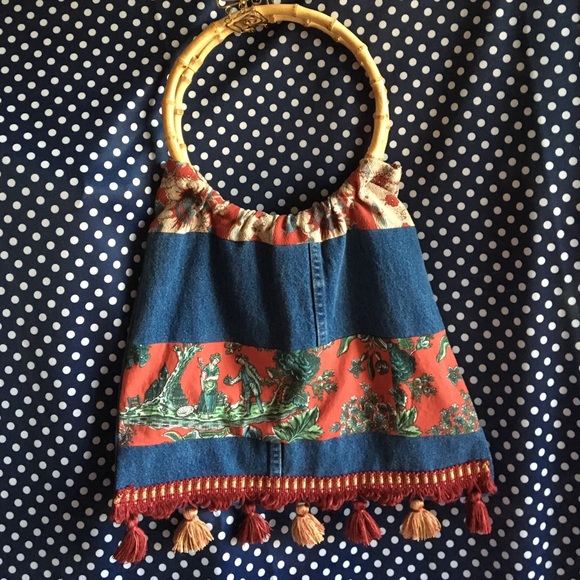 Boho Bag Boutique Handbag Vintage Toile & Denim w Bamboo Handle HANDMADE IN USA - Picture 1 of 4